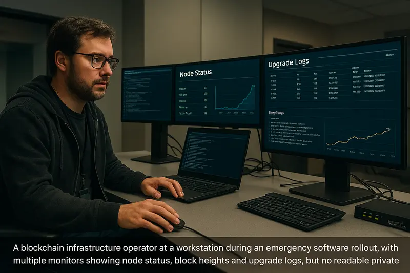 a documentary-style photo of a blockchain infrastructure operator at a workstation during an emergency software rollout, with multiple monitors showing node status, block heights and upgrade logs, but