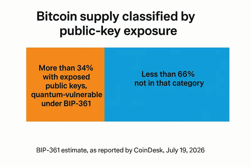 a 100% stacked horizontal bar titled "Bitcoin supply classified by public-key exposure"; left segment labeled "More than 34% with exposed public keys