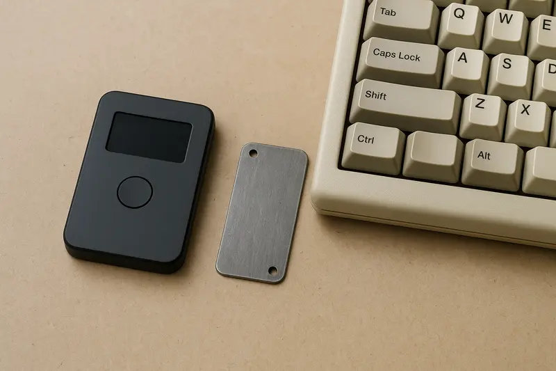 a close editorial photograph of a modern hardware wallet beside an unlabeled metal backup plate and a vintage computer keyboard, with no seed words, screens or private information visible; the composi