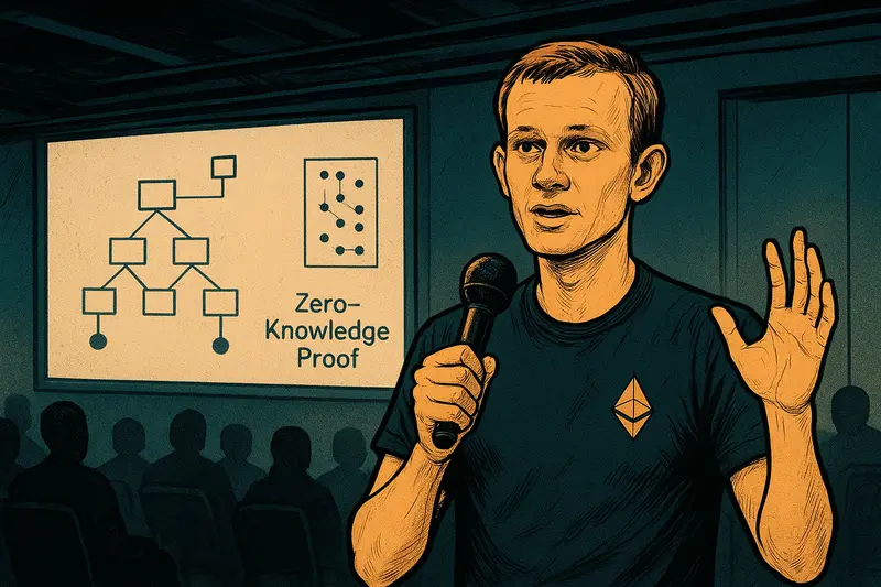 a documentary-style portrait of Vitalik Buterin speaking at an Ethereum developer conference, with an out-of-focus projection behind him showing a simplified blockchain state tree and zero knowledge