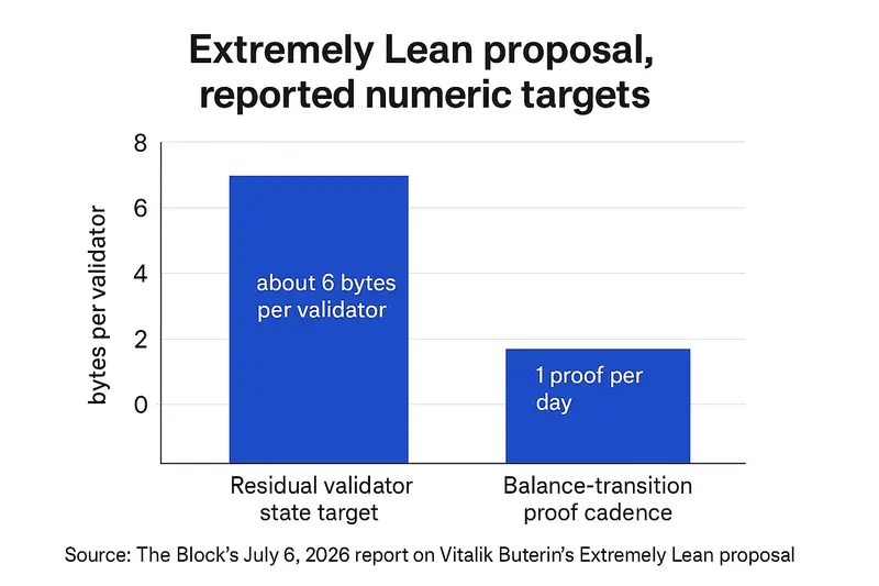 a two-bar chart titled “Extremely Lean proposal, reported numeric targets.” The first bar is labeled “Residual validator state target” and shows “about 6 bytes per validator.” The second bar is