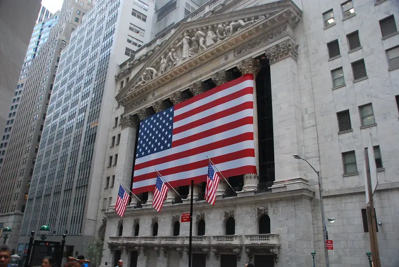 Stars and Stripes on front of New York Stock Exchange building, New York City, USA