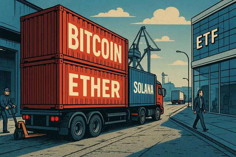 A truck carries red containers labeled BITCOIN and ETHER beside a blue SOLANA container near a building marked ETF.