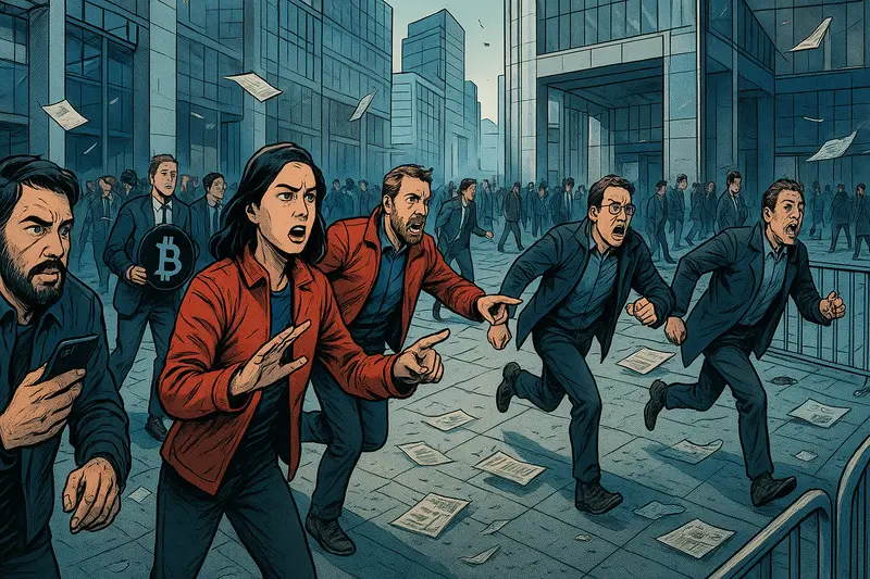 People flee through a city plaza as papers fly, with a woman in red and a man holding a Bitcoin symbol prominent in front.