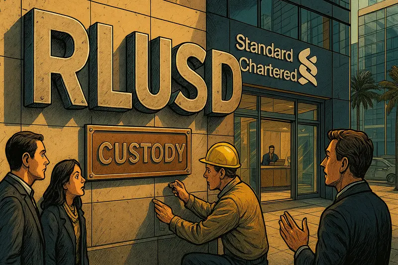 Three people watch a worker outside a Standard Chartered building marked “RUSD” and “CUSTODY.