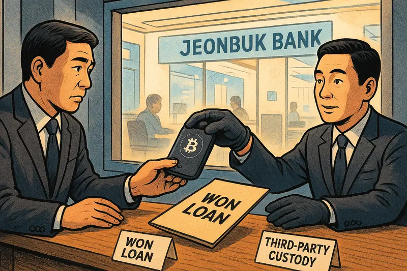 Two suited men exchange a Bitcoin-marked phone at a desk labeled WON LOAN and THIRD-PARTY CUSTODY, with Jeonbuk Bank behind