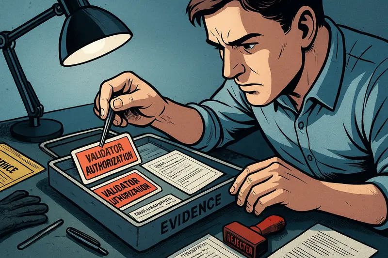 A man examines validator authorization labels with tweezers in an evidence tray beneath a desk lamp.
