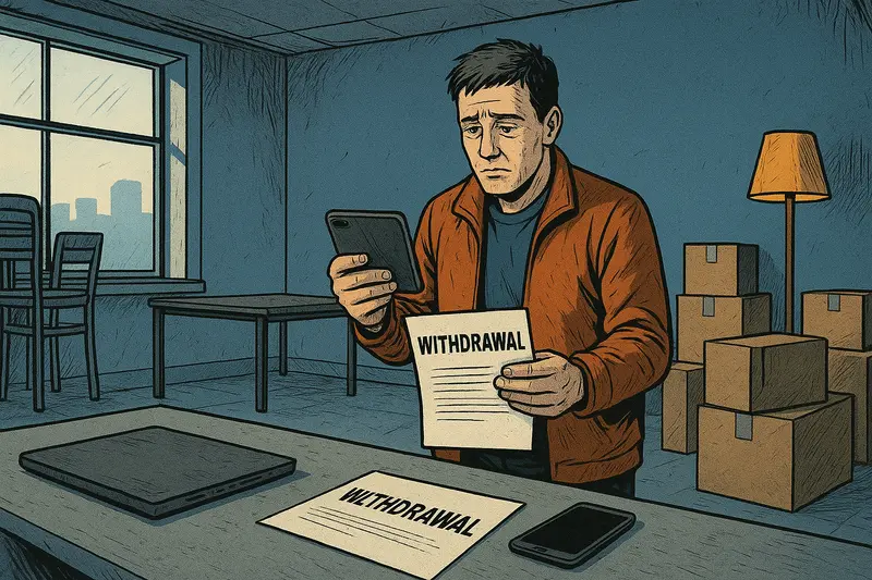 A worried man holds a tablet and withdrawal notice in a room with stacked boxes, a lamp, and paperwork on a table.