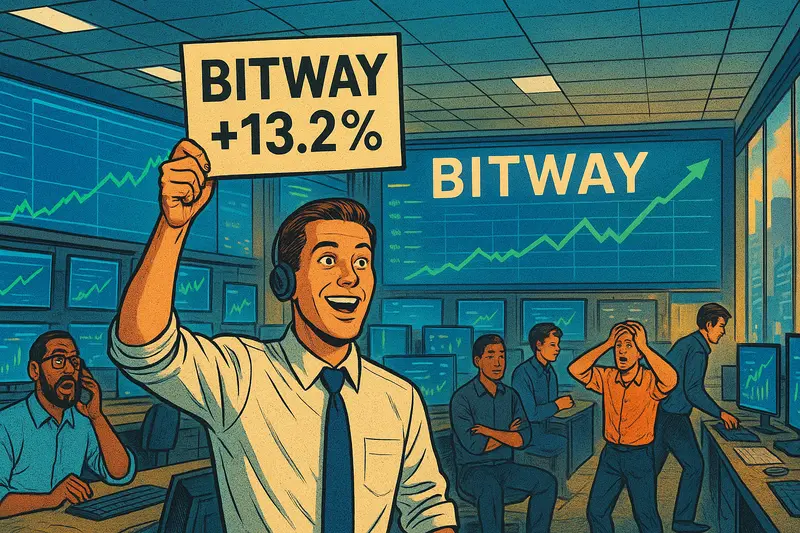 A smiling man holds a “BITWAY +13.2%” sign in a crowded trading room with rising charts on the screens.