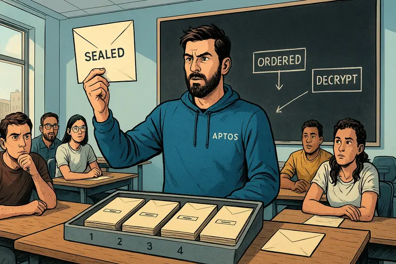 A bearded man holds a sealed envelope beside numbered stacks of envelopes while students sit at classroom desks.