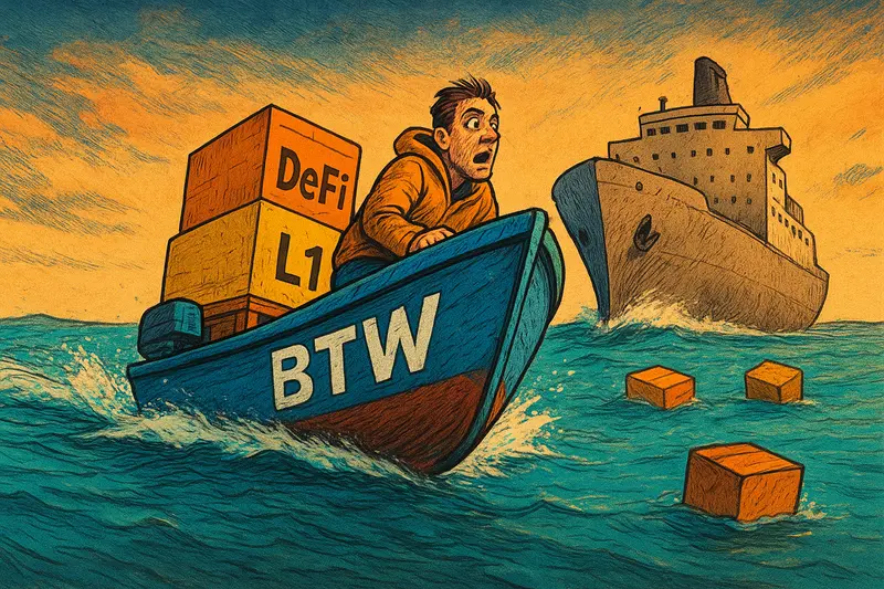 A small boat marked “BTW” carries “DeFi” and “L1” boxes as a large ship and crates float nearby.