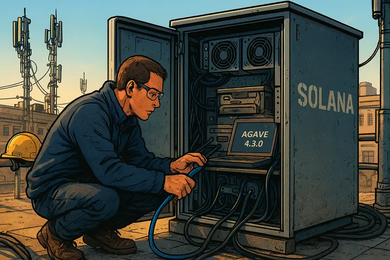 A crouching technician connects cables to an open equipment cabinet labeled SOLANA, with AGAVE 4.3.0 on its screen.