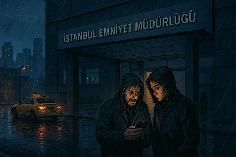 Two hooded people look at a phone outside Istanbul police headquarters on a rainy night.