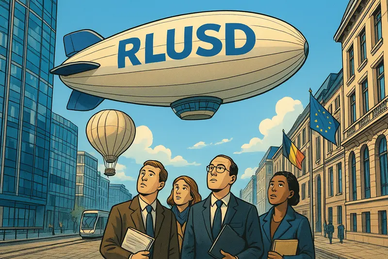 A blimp marked “RLUSD” floats above four people on a city street, with balloons, EU and Belgian flags, and tall buildings.