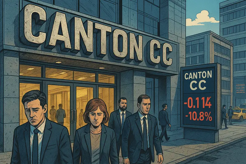People in business attire leave the Canton CC building beside a sign displaying -0.114 and -10.8%.