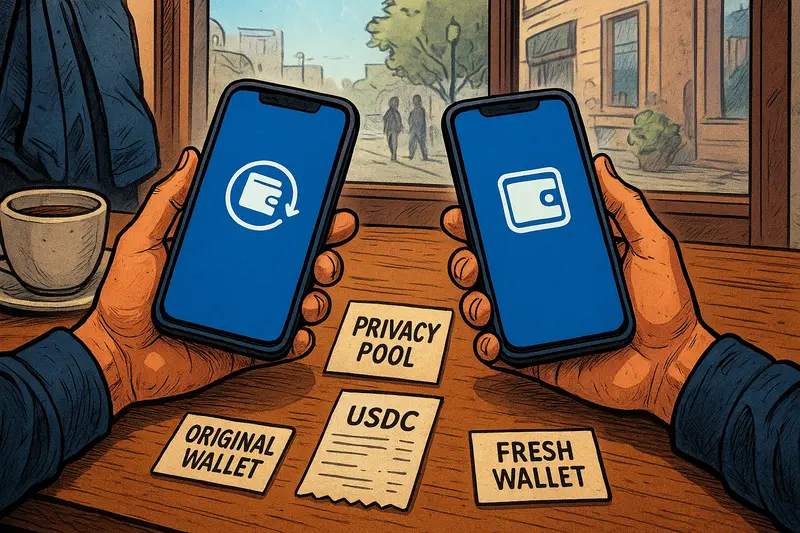 Two hands hold blue smartphone wallets above cards labeled “Privacy Pool,” “Original Wallet,” “USDC,” and “Fresh Wallet.