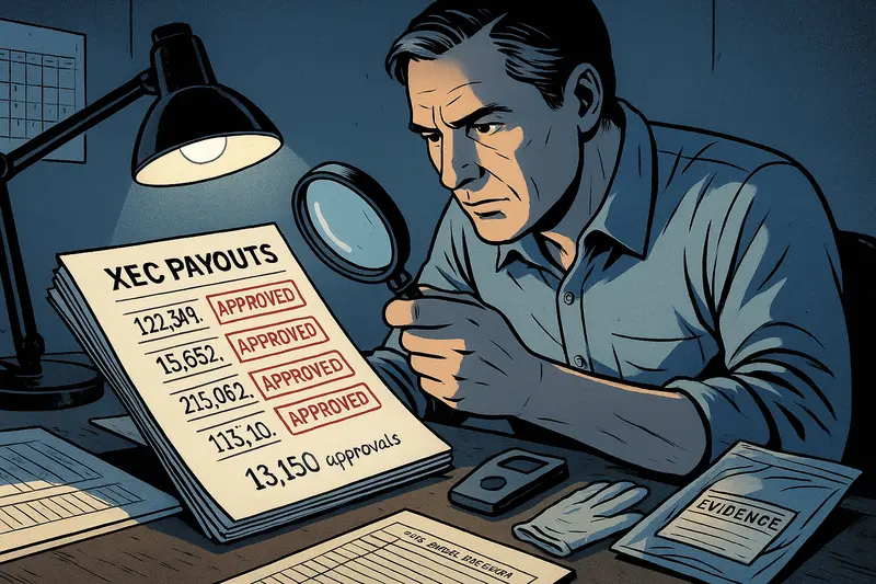 A man examines an “XEC payouts” document with a magnifying glass beside approved stamps and evidence folders.