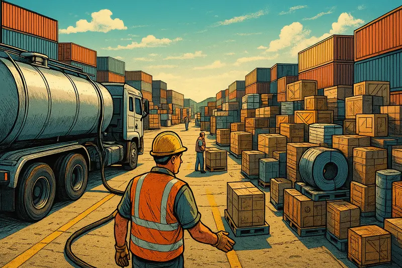 A worker in a hard hat and reflective vest stands among crates and metal coils beside a tanker truck and stacked shipping