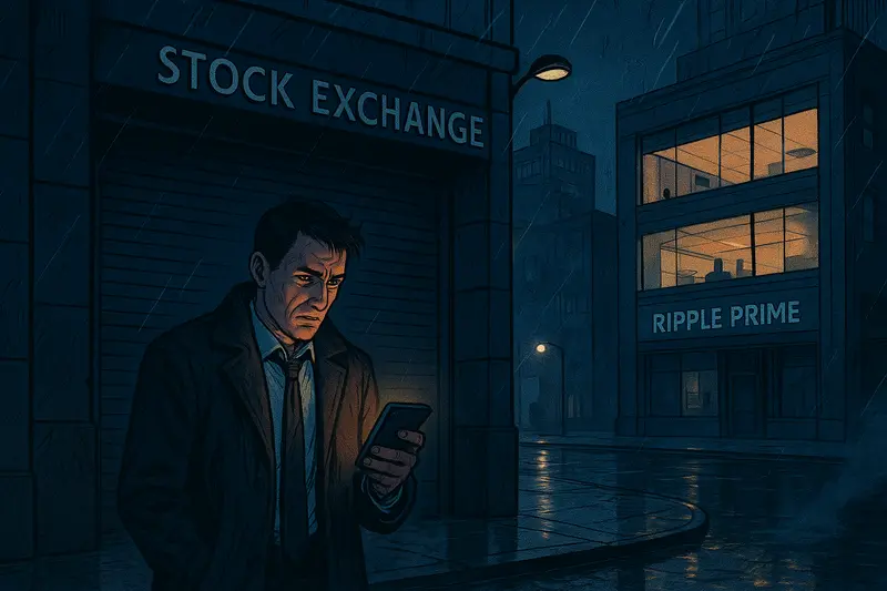 A worried man checks his phone outside a stock exchange on a rainy, neon-lit city street.