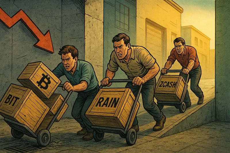 Three men push handcarts carrying wooden crates labeled BIT, Bitcoin, RAIN and ZCASH through a narrow alley.