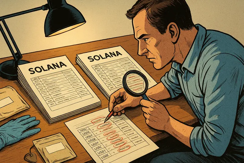 A man examines Solana documents with a magnifying glass and red pen at a desk under a lamp.