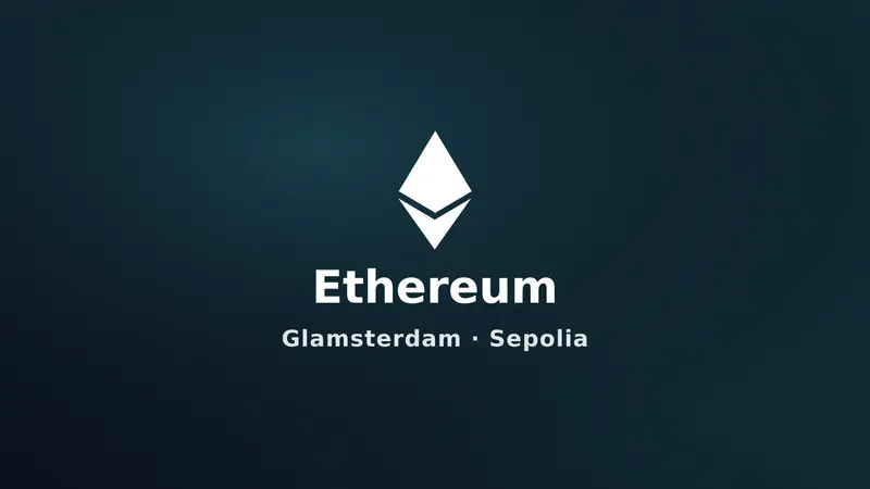 A white Ethereum logo appears above the word “Ethereum,” with “Glamsterdam · Sepolia” beneath it on a dark background.