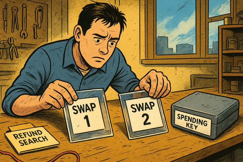 A worried man examines cards labeled “SWAP 1” and “SWAP 2” beside a box marked “SPENDING KEY.