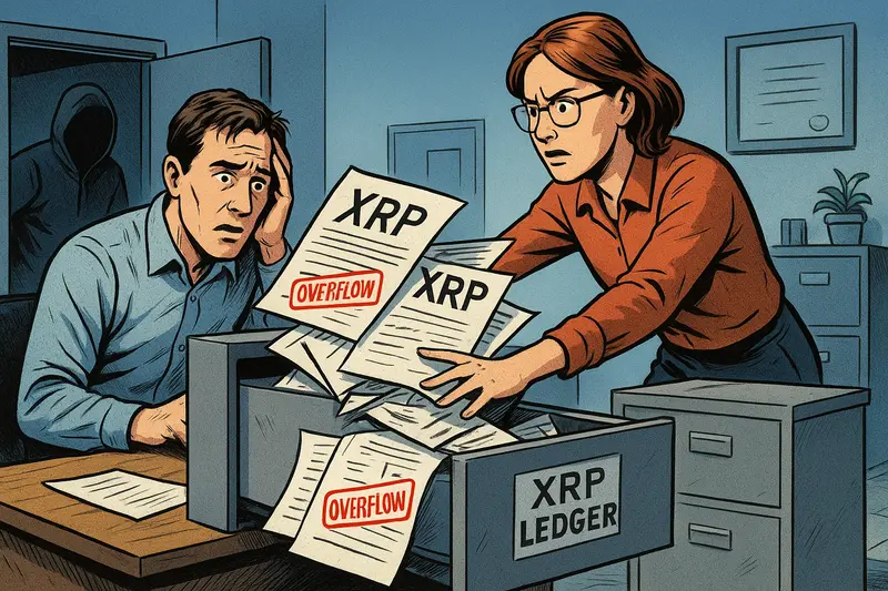 A worried man and a woman handle papers marked “XRP” and “OVERFLOW” beside a filing cabinet labeled “XRP LEDGER.