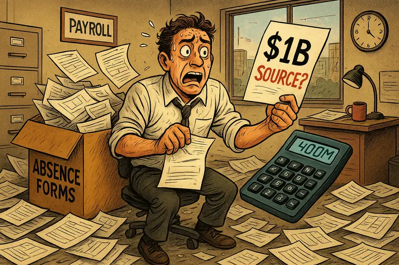 A panicked office worker holds a “$1B SOURCE?” sign amid scattered paperwork, an absence-forms box, and a calculator.