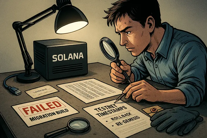 A man examines documents with a magnifying glass beside a Solana box, desk lamp, gloves, cable, and papers marked “FAILED.