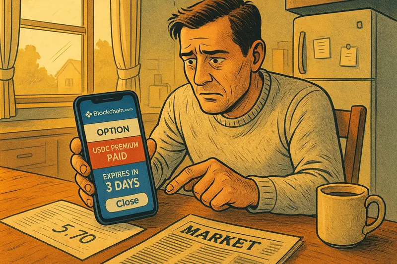 A worried man points at a phone showing a blockchain option, beside market papers and a coffee mug at a kitchen table.