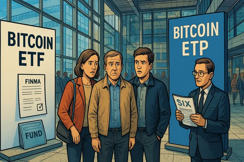 Three concerned people stand between Bitcoin ETF signs while a suited man holds a SIX document in a glass atrium.