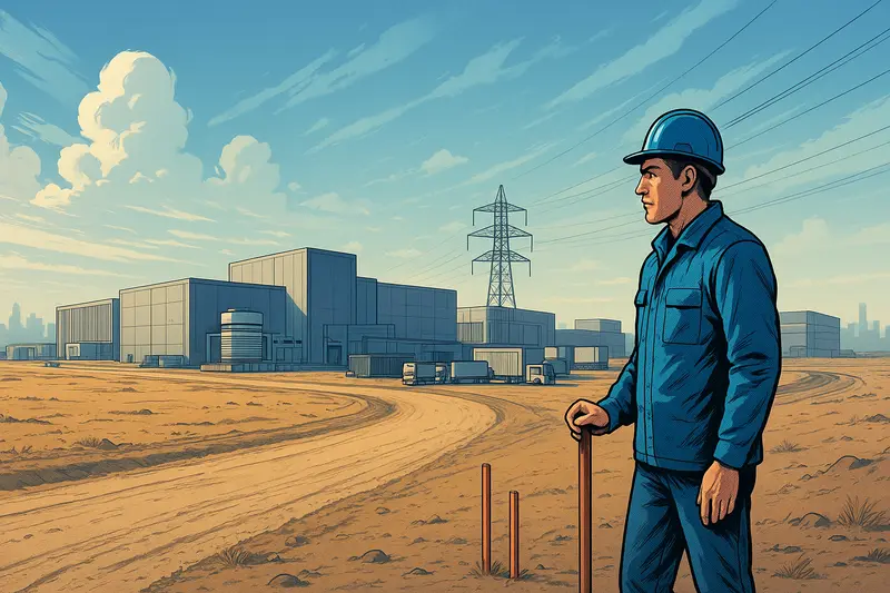 A worker in a blue uniform and hard hat stands beside a dirt road outside an industrial complex and power lines.