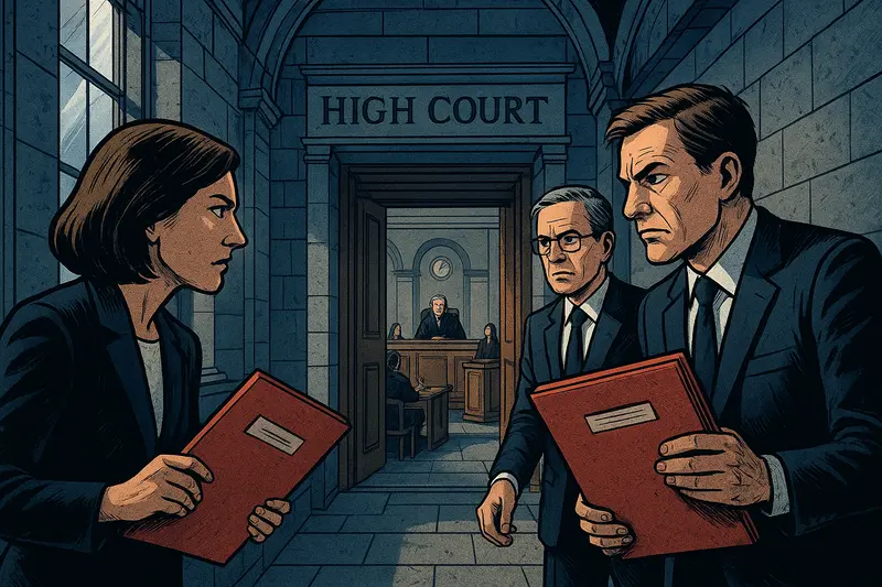 Three lawyers hold red folders outside a High Court courtroom, with a judge and seated people visible in the background.