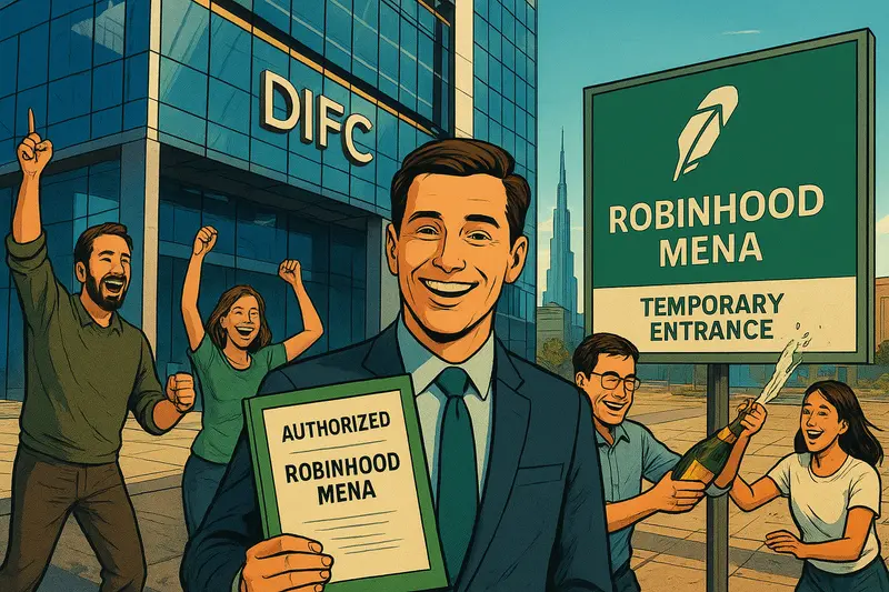 A smiling suited man holds an authorized Robinhood Mena document outside DIFC as people celebrate beside an entrance sign.