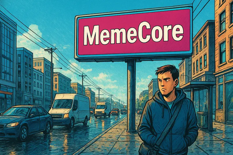 A man in a dark hoodie stands beneath a MemeCore sign on a rainy city street with cars and vans.
