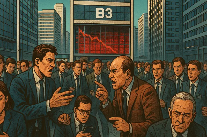 A crowd of suited men argues beneath a building marked B3 and a red stock chart plunging behind them.