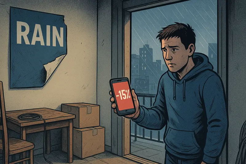 A worried man in a blue hoodie holds a phone displaying “-15%” beside stacked boxes as rain falls outside.