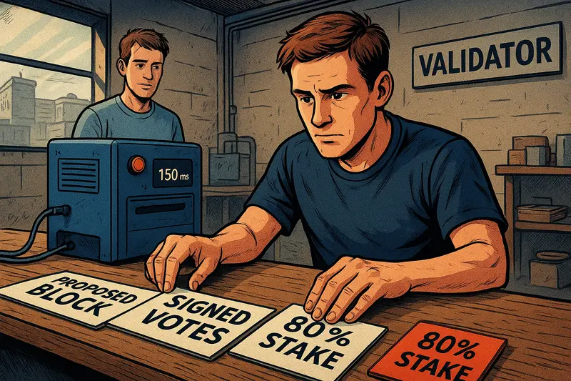Two men work beside a 150 ms machine, with cards labeled Proposed Block, Signed Votes, and 80% Stake.