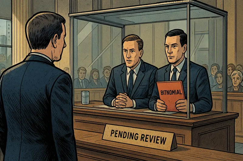 Two suited men sit behind a glass booth, one holding a “BINOMIAL” folder, while a man faces them and “PENDING REVIEW” sits