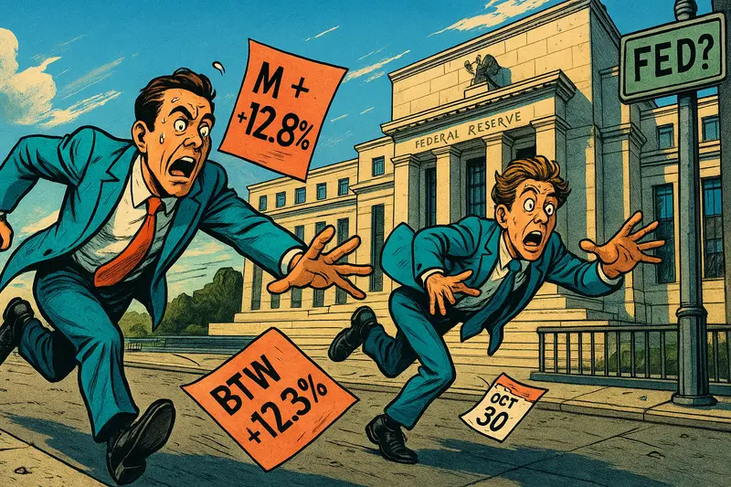 Two startled businessmen flee the Federal Reserve building as signs read M +12.8%, BTW +12.3%, and Oct 30.
