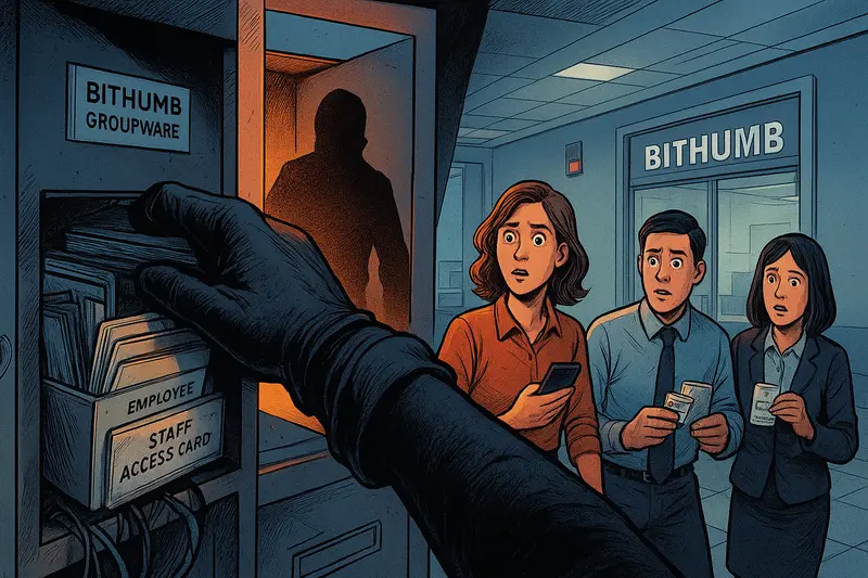 A gloved arm reaches into an employee file cabinet as three staff members watch in alarm.