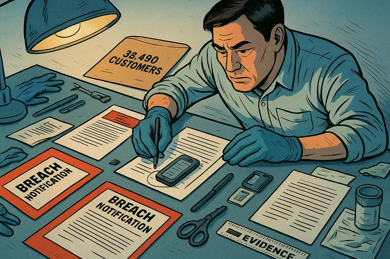 A man in gloves examines documents and a device at a desk surrounded by breach notices, tools, and evidence labels.