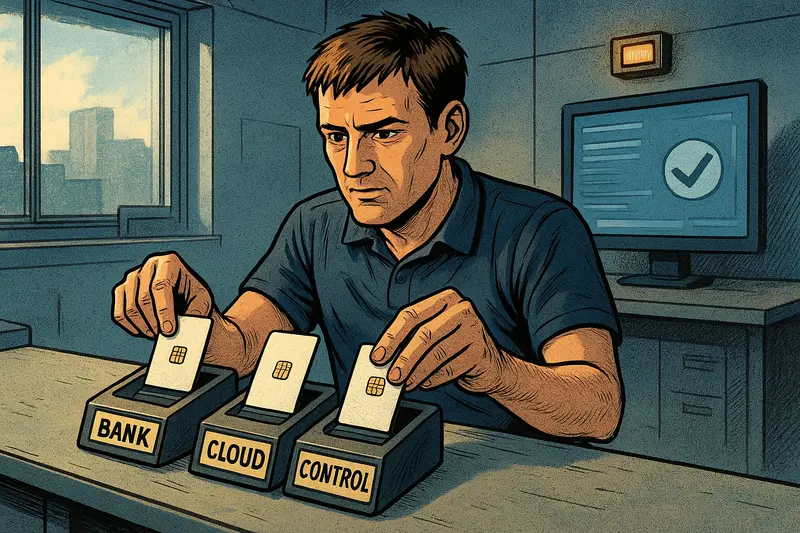 A man places cards into three labeled boxes marked BANK, CLOUD, and CONTROL beside a computer monitor.