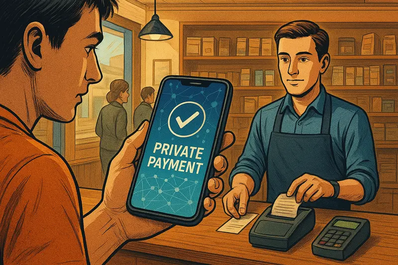A customer holds a phone displaying “PRIVATE PAYMENT” while a shopkeeper stands behind a counter with payment terminals.