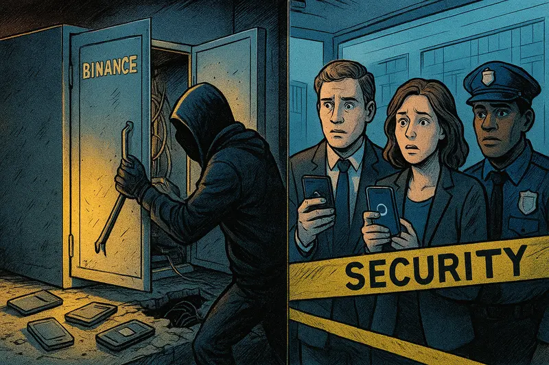 A hooded person pries open a Binance door while two officials and a police officer stand behind security tape.