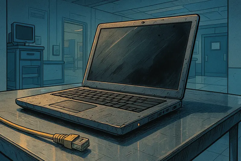 An open, scratched laptop sits on a table beside a small USB drive in a room.