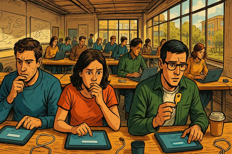 Students sit at classroom tables using tablets and laptops, while three in front look concerned and one holds a small device.
